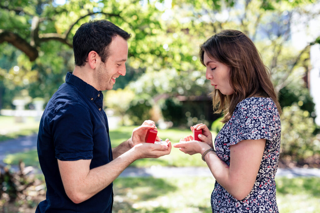 Asher and Laura both with rings during their proposal at Lincoln’s Cottage in DC