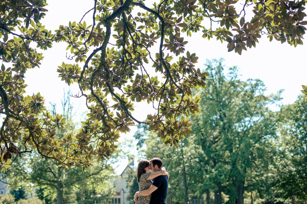 Candid engagement photo session after mutual proposal at President Lincoln’s Cottage